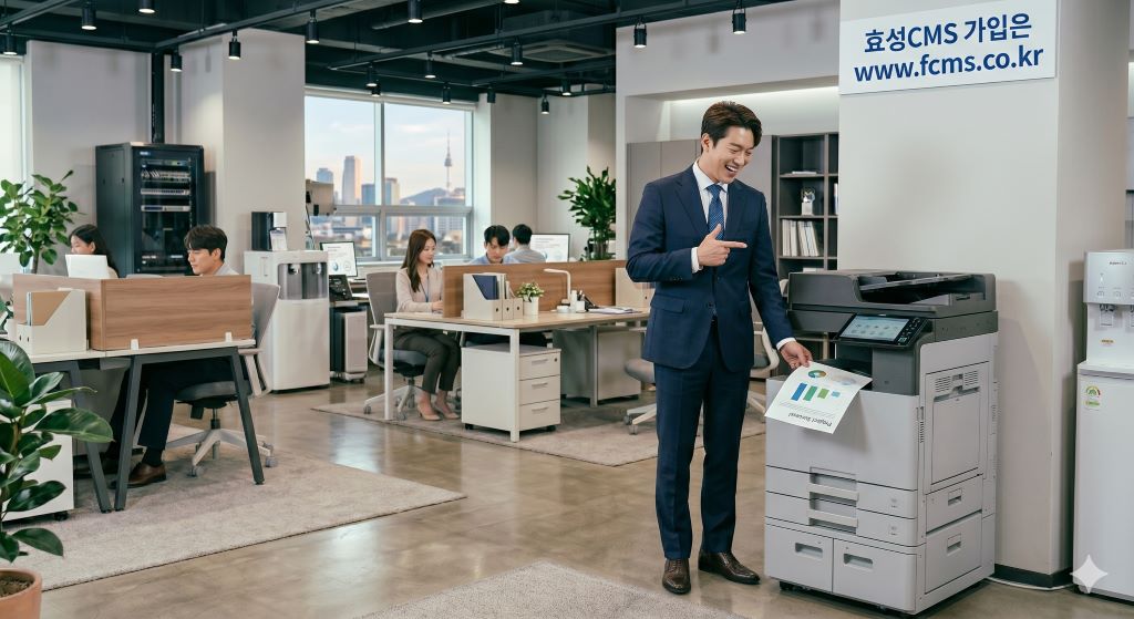사무실에 설치된 최신형 복합기 렌탈 및 프린트 임대 서비스 관리 화면