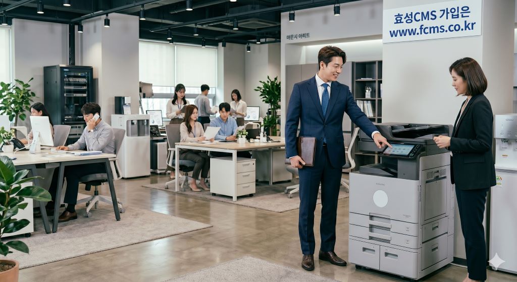 사무실에 설치된 최신형 복합기 렌탈 및 프린트 임대 서비스 관리 화면