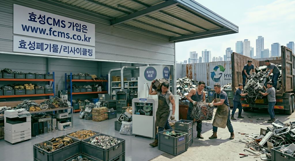효성CMS 가입 안내 및 폐기물 수거 업체 하차 작업 현장